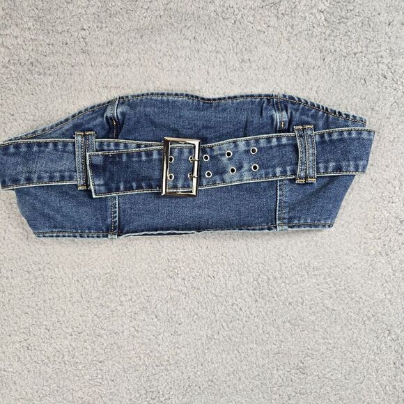 Pretty Little Thing Halter Top Denim Bra Sz 10 Blue Y2k Western Grunge Milkmaid - Picture 3 of 8